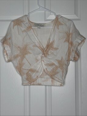 Vintage Havana Twist-Front Palm Tree Crop Top - Cream/Tan Size S 100% Cotton